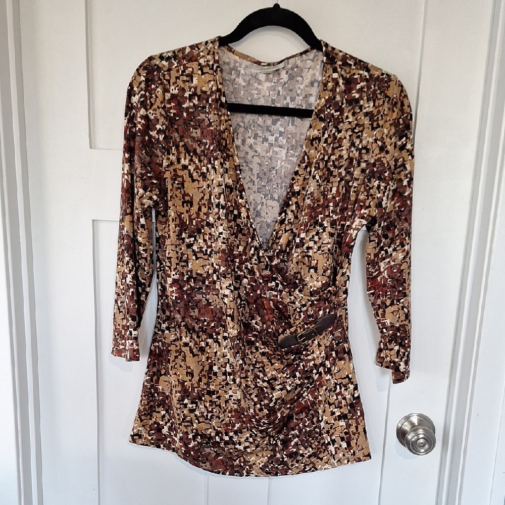 Dressbarn Brown and Tan Wrap Style Top With Buckle Accent Large